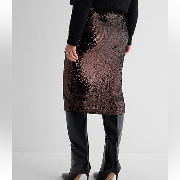 NWT Express XL High Waisted Bronze Midi Sequins Pencil Skirt - Picture 4 of 5